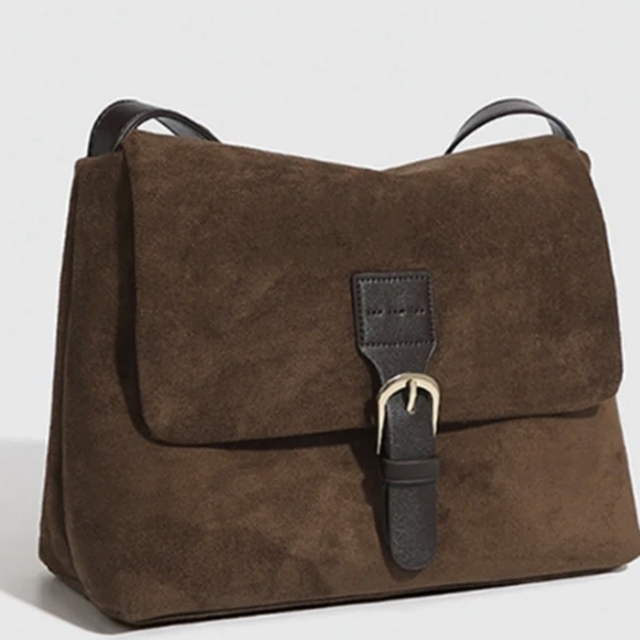 Commense Handbags - Commense Faux Suede Shoulder Bag  Buckle Strap Brown NWT